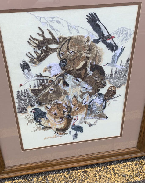 Large vintage embroidered woodland framed art IN STORE PICK UP ONLY