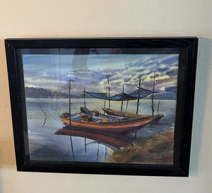 Artist Signed boat seascape painting appx. 15x12 in.