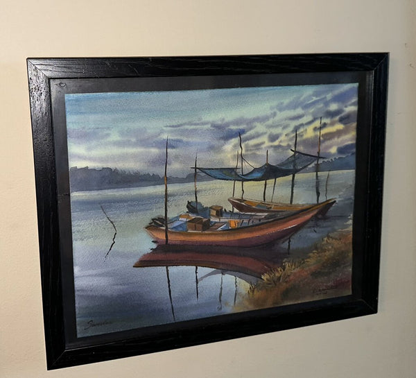 Artist Signed boat seascape painting appx. 15x12 in.