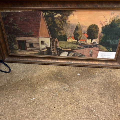 Framed Oil, boy with fishing rod at old mirror, unsigned, 27.5" x 14"