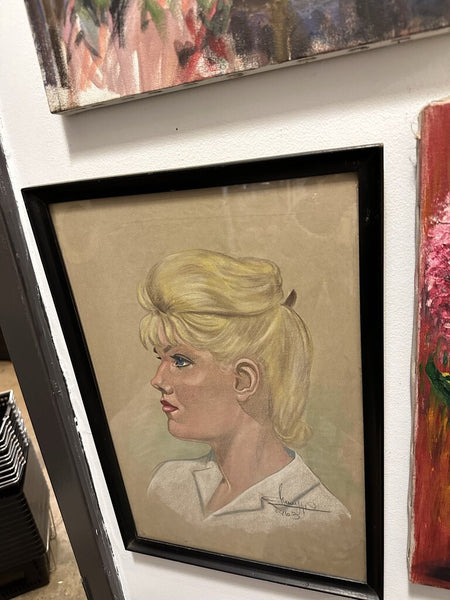 13x19 in. Mid century chalk portrait framed