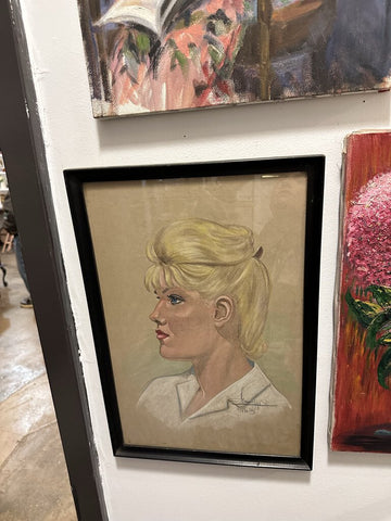 13x19 in. Mid century chalk portrait framed