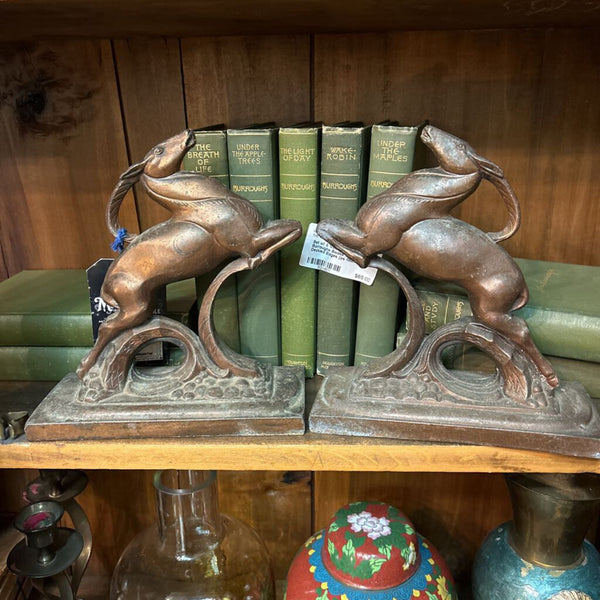 Cast Metal Vintage Copper Jumping Antelope Gazelle Bookends, Pair