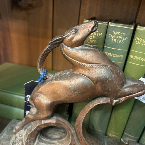 Cast Metal Vintage Copper Jumping Antelope Gazelle Bookends, Pair