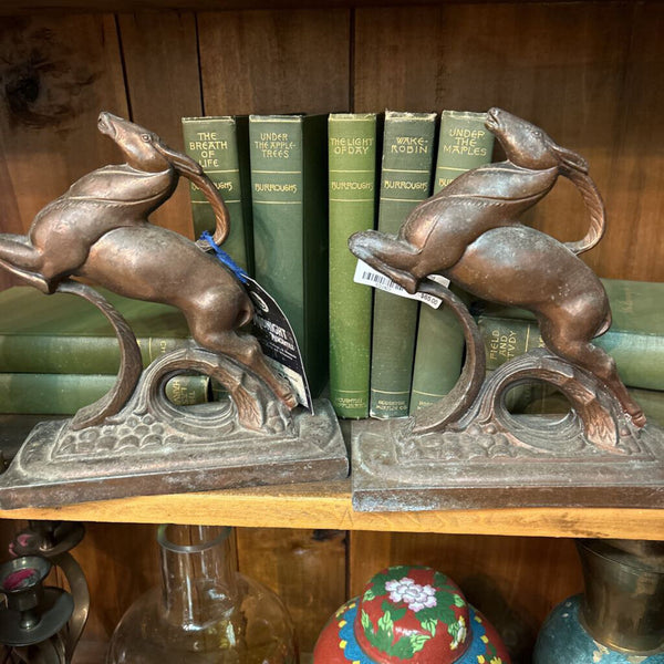 Cast Metal Vintage Copper Jumping Antelope Gazelle Bookends, Pair