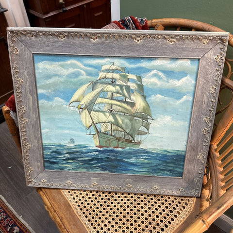 Vintage Ship Oil on Board Painting