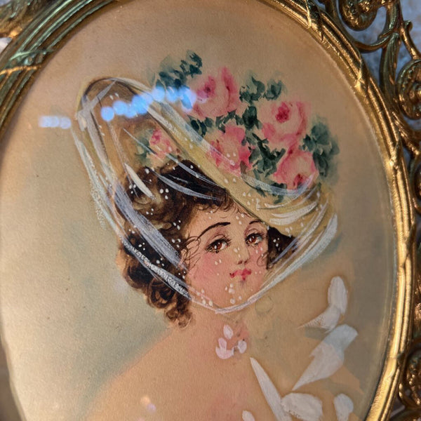 Vintage Original Woman Portrait in Brass Frame 15" tall