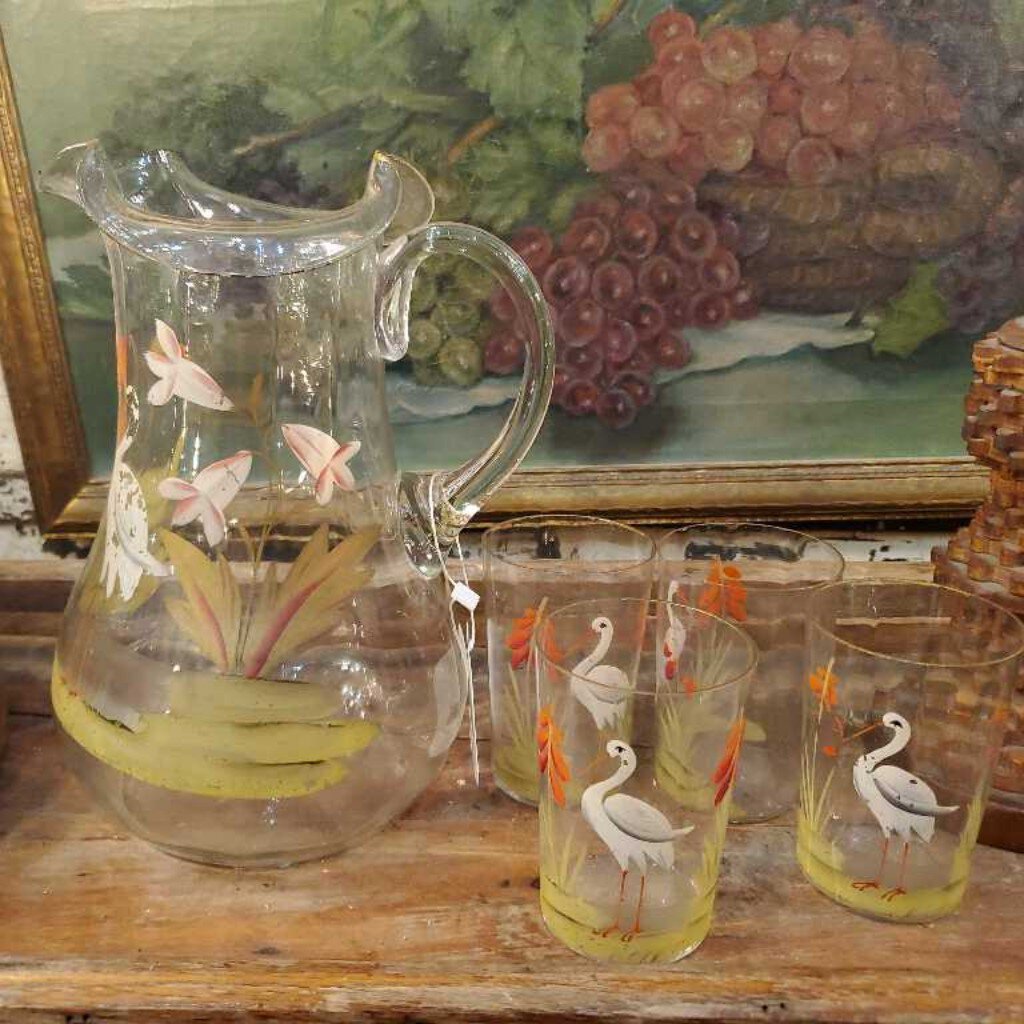 Victorian Bohemian glasses and pitcher stork