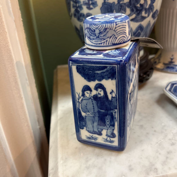 Vintage Blue & White Chinoiserie Square Ceramic Vase / Bottle