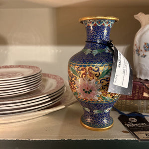 7in Vintage Blue Cloisonne Enamel Metal Chinoiserie Vase