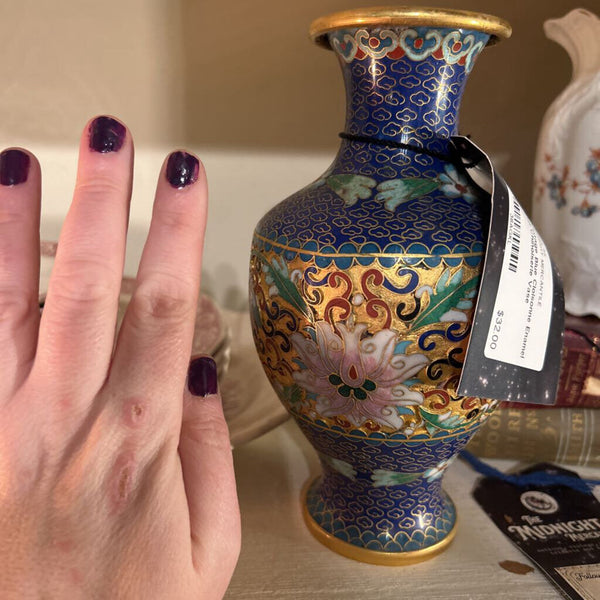 7in Vintage Blue Cloisonne Enamel Metal Chinoiserie Vase