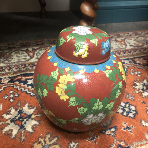 Vintage Red Cloisonne Enamel Metal Ginger Jar, Red w. Florals