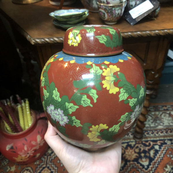 Vintage Red Cloisonne Enamel Metal Ginger Jar, Red w. Florals