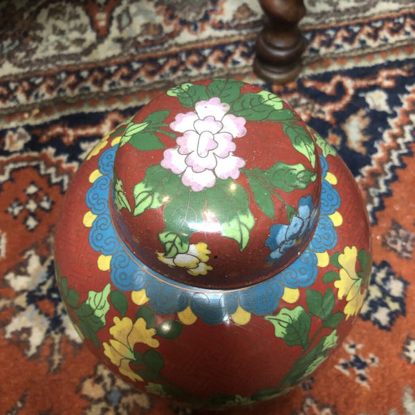 Vintage Red Cloisonne Enamel Metal Ginger Jar, Red w. Florals