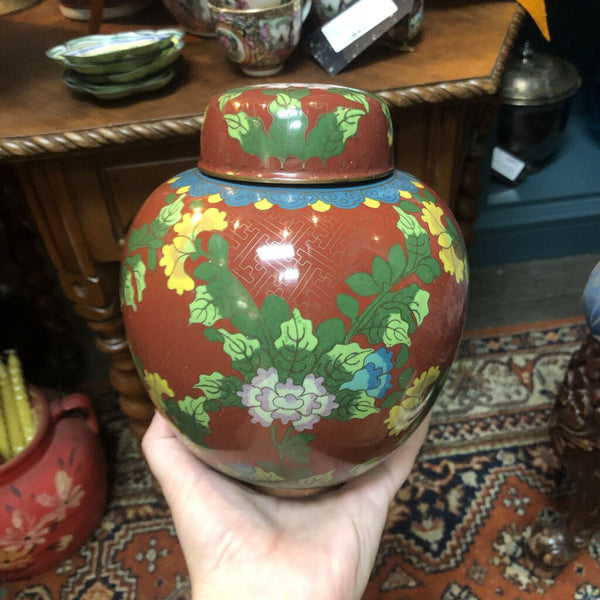 Vintage Red Cloisonne Enamel Metal Ginger Jar, Red w. Florals