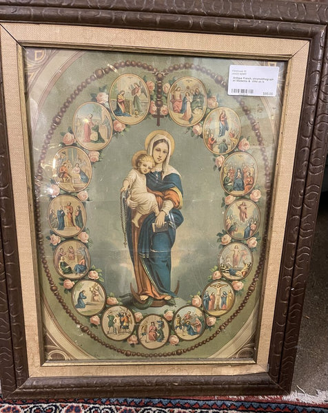 Antique French, chromolithograph of Madonna & child as is