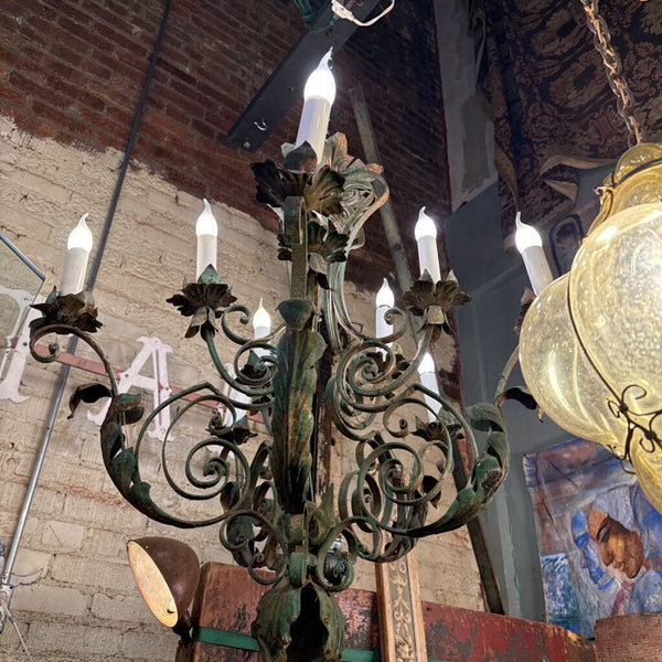 Large green iron antique chandelier in store pick up only