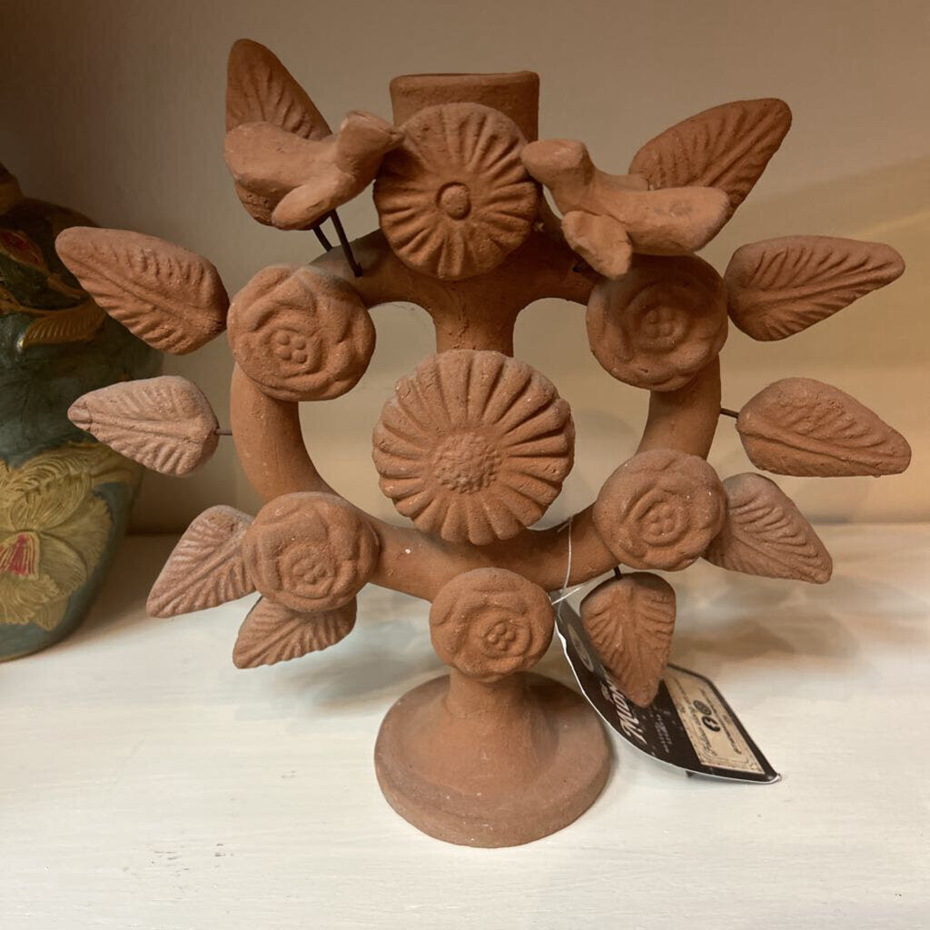 Vintage Mexican Terra Cotta Folk Art Candle Stick Holder