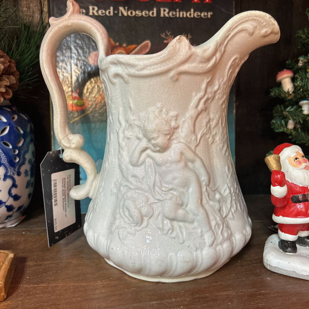 Antique Ironstone Pitcher w/ Cherub Motif, Stamped