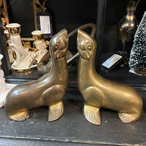 Pair of Vintage MCM Heavy Brass Sea Lion Seal Bookends