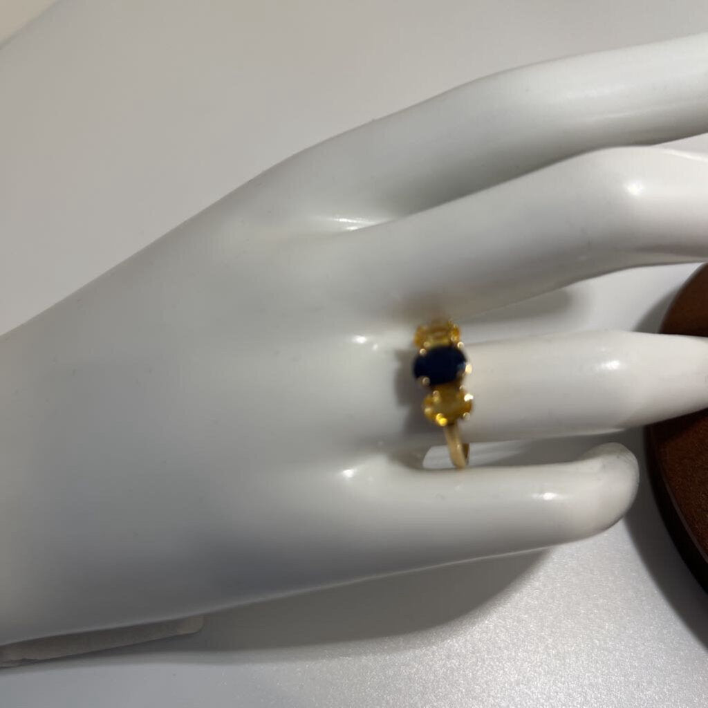 Three stone ring, (two yellow sapphires, one blue sapphire), 14K ring