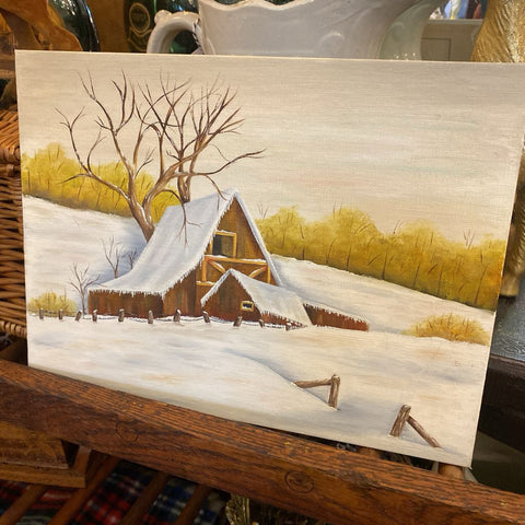 Winter Barn Painting on Canvas 9x12