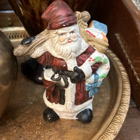 Vintage Bisque Ceramic Hand Painted Santa in Burgundy w/ Wreath Figure