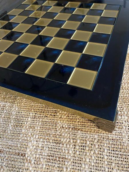 Vintage Enameled Blue and Gold Chess Board