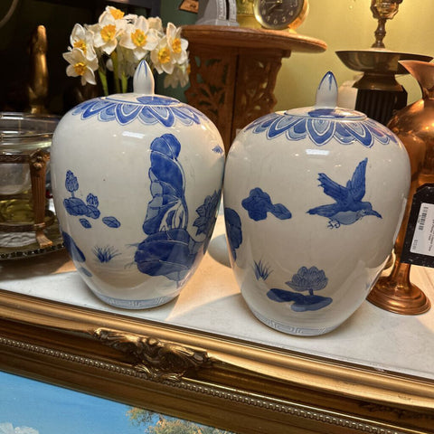 Set of 2 Vintage Blue & White Large Chinoiserie Ceramic Ginger Jars (in store pickup only)