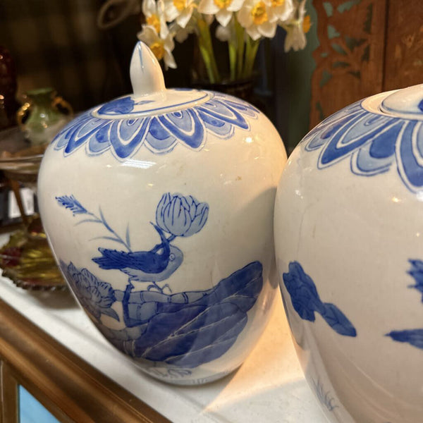 Set of 2 Vintage Blue & White Large Chinoiserie Ceramic Ginger Jars (in store pickup only)