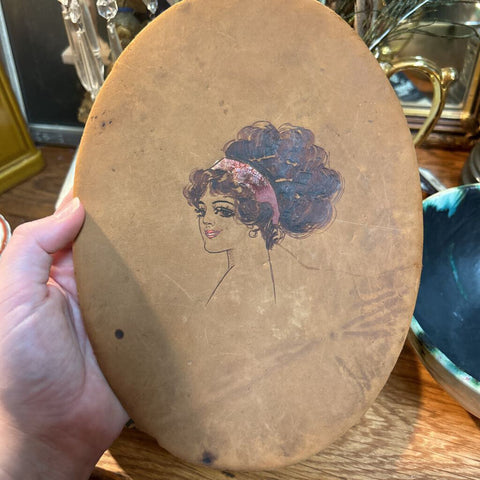 Antique Ink on Leather Illustrated Portrait circa 1920s