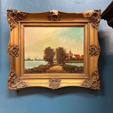 Antique Oil Painting by H Wester Farm Scene Landscape Imported from Holland Framed (as found, 12x14)