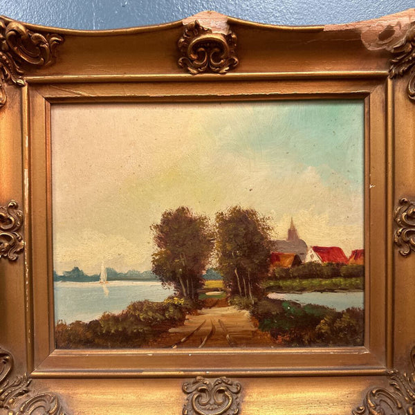 Antique Oil Painting by H Wester Farm Scene Landscape Imported from Holland Framed (as found, 12x14)