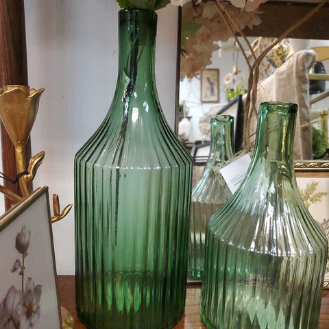 Green Glass Ribbed Vase Tall