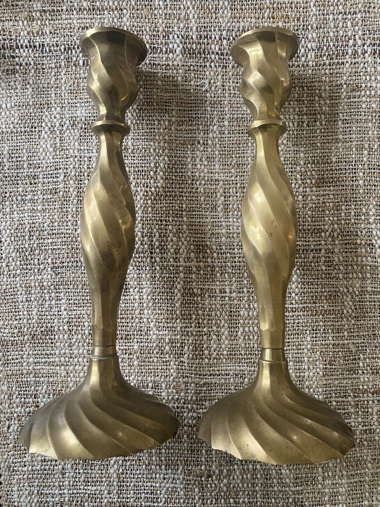 Pair of Vintage Brass Large Twisted Candlesticks 12H