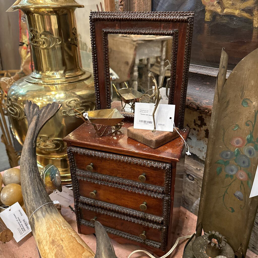 Old tramp art chest of drawers and mirror made from old cigar boxes