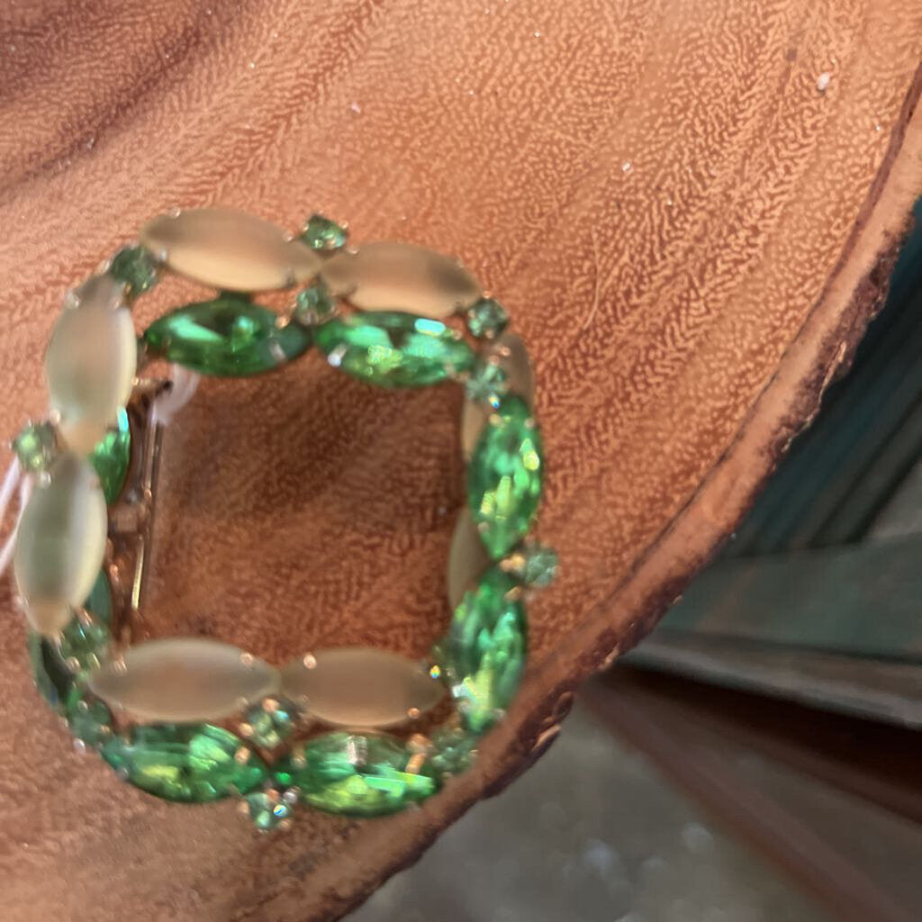 Double square marquee green rhinestones brooch