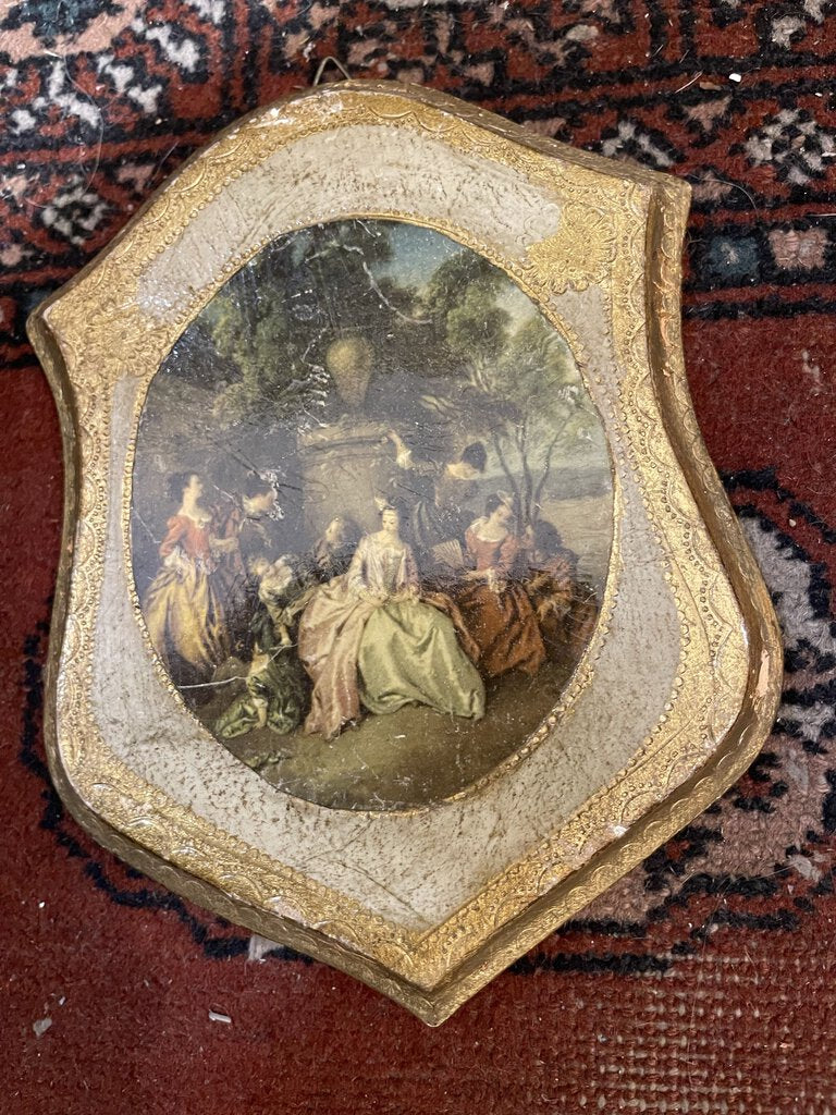 Vintage Italian Florentine wood, gold, ornate plaque with print as is