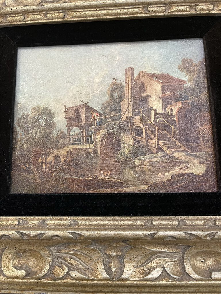 vintage gold framed black velvet landscape with figure pond house as is18 in w x 16 in high