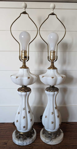 Vintage Milk Glass Lamps w/ Marble Base & Gold Leaf Accents 32" PAIR - STORE PICK UP ONLY
