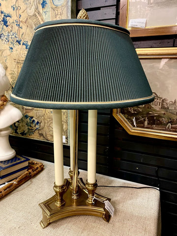 Vintage Candelabra Brass Lamp w/ Green Shade 24” x 9”