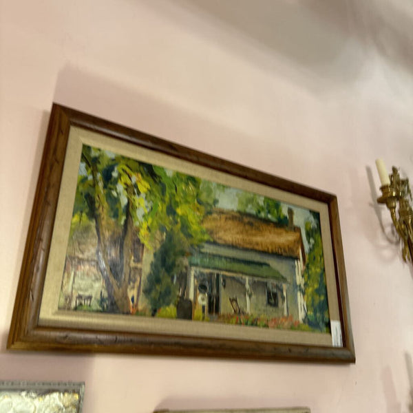 Framed oil, country cottage , @1970 , 16 1/2" x 28 1/2"