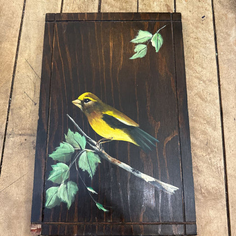 Vintage hand painted bird on wood yellow 8x12