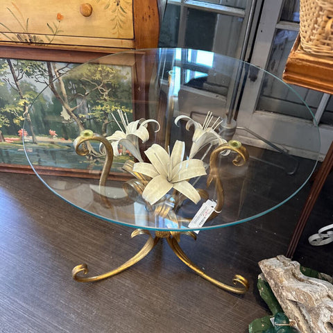 Vintage Italian tole gold gild with white flowers glass top table