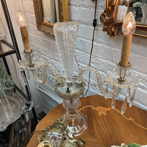 Antique Pressed Glass & Cut Crystal Candle Lamp with Serpentine Arms & Feather Detail