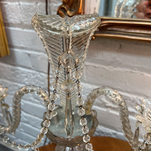 Antique Pressed Glass & Cut Crystal Candle Lamp with Serpentine Arms & Feather Detail