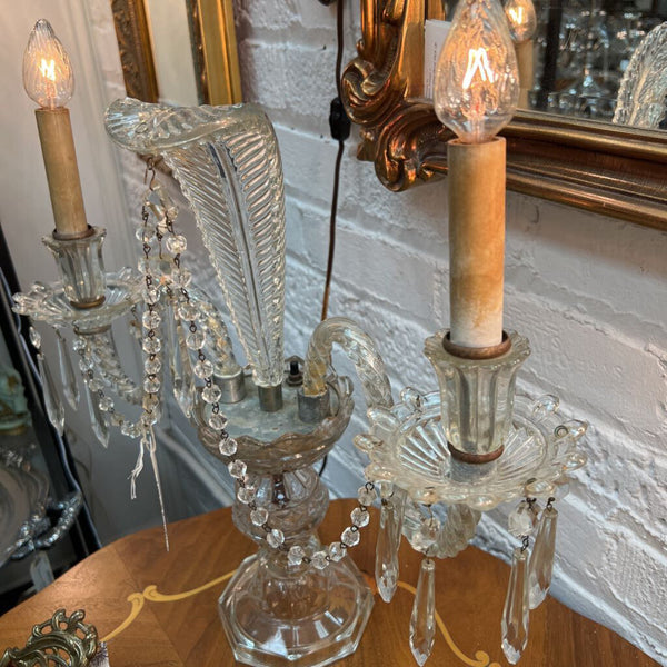 Antique Pressed Glass & Cut Crystal Candle Lamp with Serpentine Arms & Feather Detail