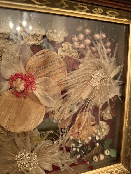 Vintage Victorian Silk Flowers in a Shadowbox Frame w/old glass