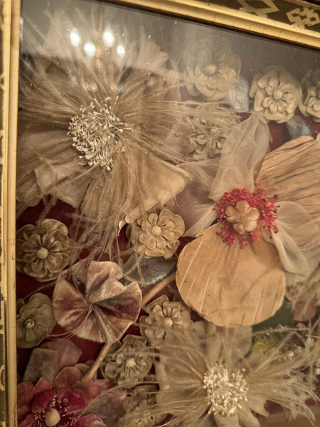 Vintage Victorian Silk Flowers in a Shadowbox Frame w/old glass