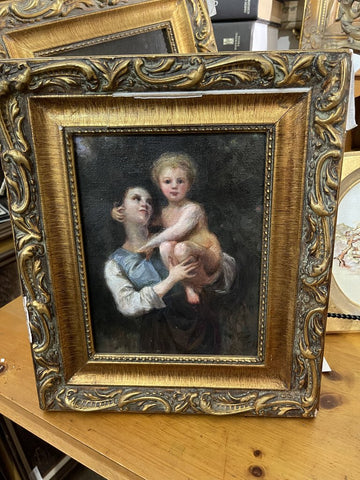 Vintage French Art painting mother & child ornately framed 23 in high x 18 in wide